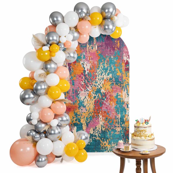Teal Red Yellow Copper Rust Arch Backdrop Cover 6.6FT Abstract Vintage Industrial Minimalist Spandex Fitted Arch Covers Stretchy Backdrop Decoration for Wedding Birthday Graduation Party