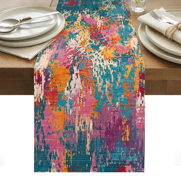 Teal Red Yellow Copper Rust Cotton Linen Table Runner Abstract Vintage Industrial Minimalist Dining Table Runners for Home Decor Party Dining Room Restaurant Kitchen Party 13" x 48"