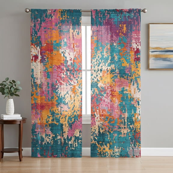 Teal Red Yellow Copper Rust Semi Sheer Curtains 96 Inch Length 2 Panels Set, Abstract Vintage Mottled Art Sheer Kitchen Curtain Privacy Voile Window Curtain for Living Room Bedroom Rod Pocket Drapes