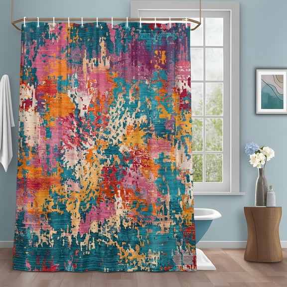 Teal Red Yellow Copper Rust Shower Curtain Set with Hooks, Abstract Vintage Industrial Minimalist Water Repellent Sturdy Shower Curtains for Bathroom Decoration, Machine Washable 36x72 Inch