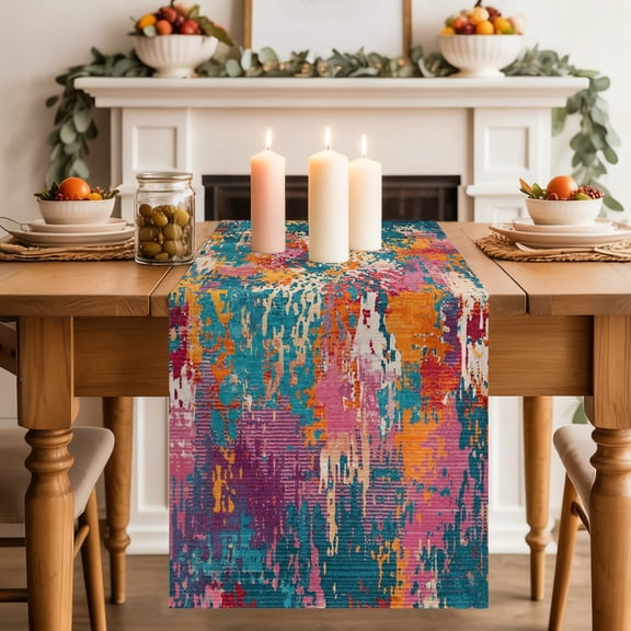 Teal Red Yellow Copper Rust Table Runner 13x36 Inch Abstract Vintage Industrial Minimalist Cotton Linen Dining Table Runner Ideal for Dresser Kitchen Coffee Tables - Machine Washable