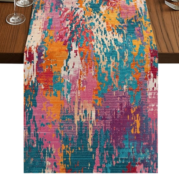 Teal Red Yellow Copper Rust Table Runner 36 Inches Long, Abstract Vintage Industrial Minimalist Cotton Linen Dining Table Runner Dresser Scarves for Home Kitchen Party Decor 13"x36"