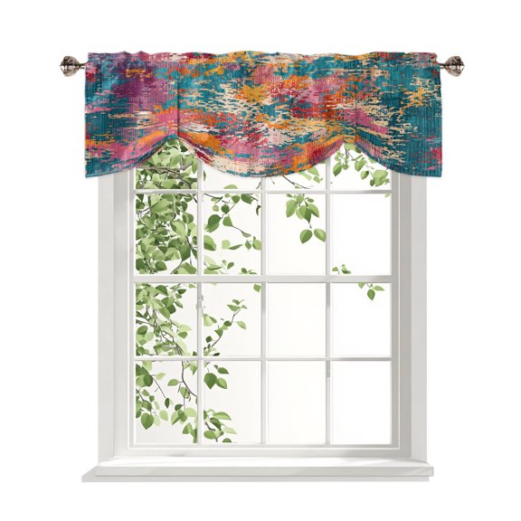 Teal Red Yellow Copper Rust Tie Up Valances Curtain, Abstract Vintage Industrial Minimalist Adjustable Rod Pocket Short Window Treatment Tie Up Curtains Valances for Kitchen Bathroom 42x12 Inches