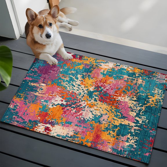 Teal Red Yellow Copper Rust Washable Entry Rug 2x3 Abstract Vintage Industrial Minimalist Low-Profile Area Rugs with Non Slip Backing Indoor Floor Carpet for Entrance Living Room Bedroom Home Office