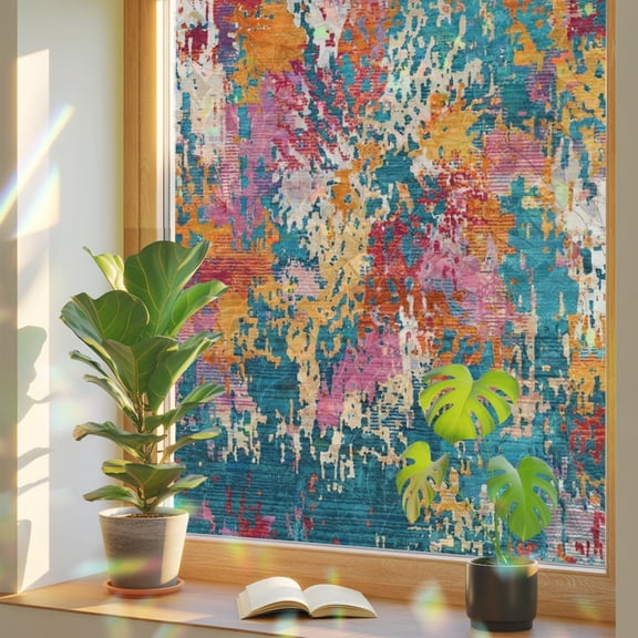 Teal Red Yellow Copper Rust Window Privacy Film, Abstract Vintage Industrial Minimalist Stained Glass Rainbow Film Decorative Window Clings, Static Cling Sun Blocking Stickers 19.6" x 39.3"