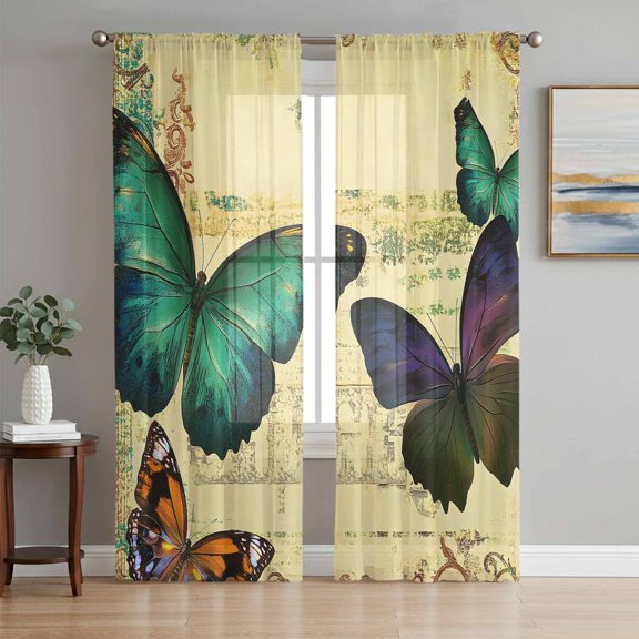 Teal Retro Butterfly Sheer Curtains 72 Inch Length 2 Panels Set, Vintage Summer Butterflies Voile Window Treatment Rod Pocket Curtains Sheers Drapes for Bedroom/Living Room/Kitchen 52"x72"x2