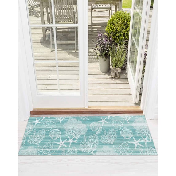 Teal Retro Summer Front Door Mat Sea Turtle Starfish Coral Ocean Welcome Doormat Indoor Outdoor Entrance Floor Mat Non-Slip Washable Runner Rug for Front Porch Decor 20x47 Inch
