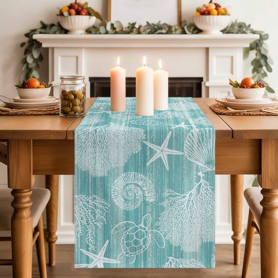 Teal Retro Summer Table Runner, Sea Turtle Starfish Coral Ocean Cotton Linen Kitchen Table Decoration Washable Dining Tabletop Runners for Home Party Decor 16x72 Inches