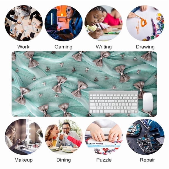 Teal Ribbon Bow Pattern Mouse Pad 31.5 x 11.82 Inches Soft Rubber Desk Accessory for Office Home Use