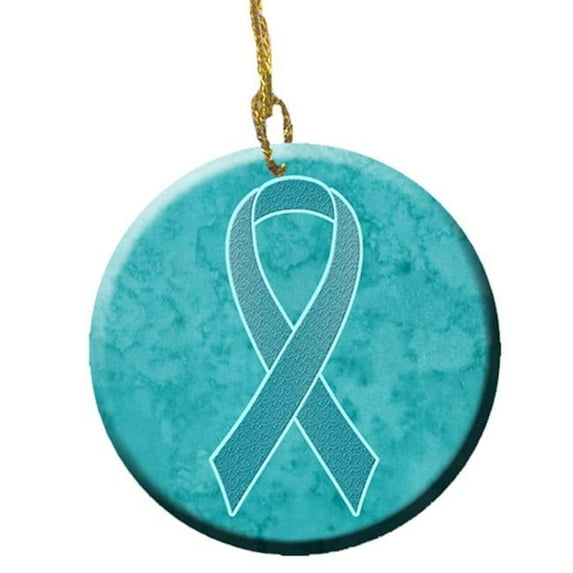 Teal Ribbon for Ovarian Cancer Awareness Ceramic Ornament, 2.81 Dia