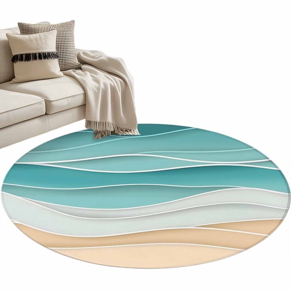 Teal Ripple Area Rug, Teal Wave Gradient Washable Large Circle Carpet, Non Slip Round Rug for Living Room/Bedroom/Dining Room/Home Office/Dorm