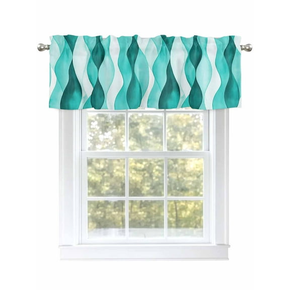 Teal Ripple Gradient Valances for Windows, Rod Pocket Kitchen Valance Curtains - Soft Small Window Treatment for Living Room, Abstract Watercolor Geometric, 42x12 Inch