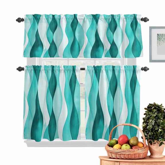 Teal Ripple Kitchen Curtains Valances 3 Piece Set, Abstract Gradient Rod Pocket Tier Curtain and Valance Drapes for Small Window 24 Inch Length for Bedroom Cafe