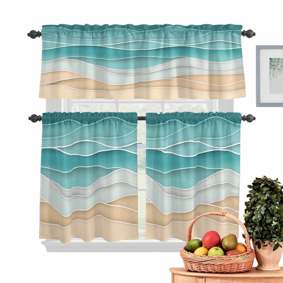 Teal Ripple Kitchen Curtains Valances 3 Piece Set, Teal Wave Gradient Rod Pocket Tier Curtain and Valance Drapes for Small Window 36 Inch Length for Bedroom Cafe