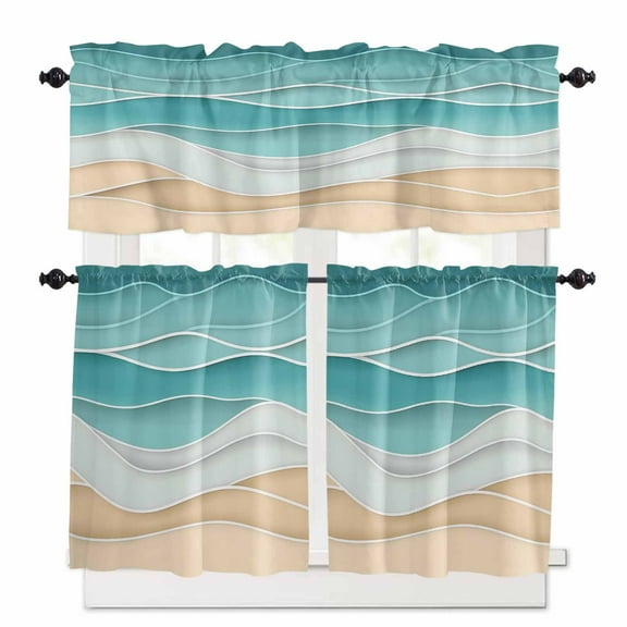 Teal Ripple Kitchen Curtains and Valances Set, Teal Wave Gradient Abstract Line Rod Pocket Window Valance 18 Inch Window Curtain Panels for Living Room Bedroom Laundry, 27.5x24in, 3 Pieces