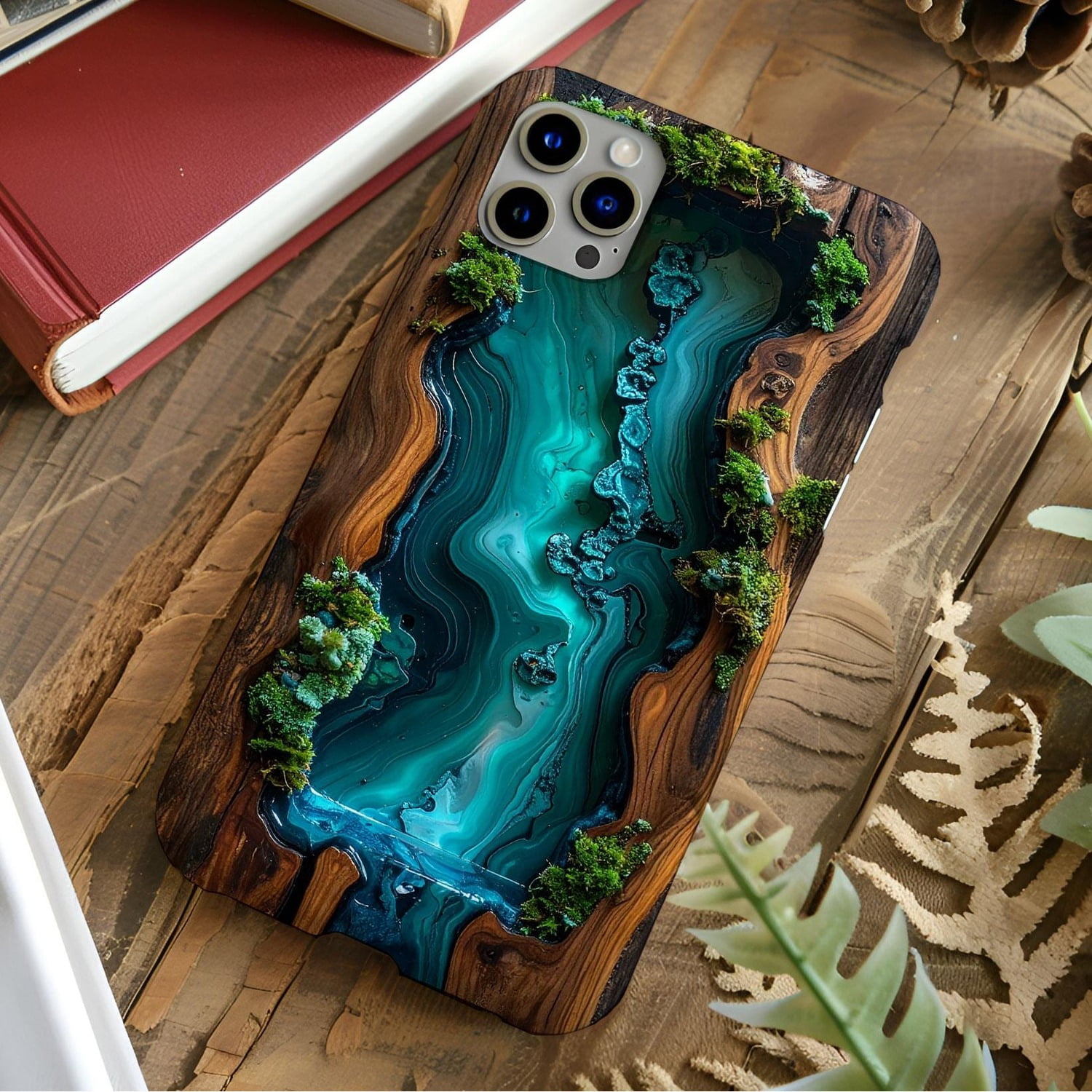 Fall River Series Teal River, Wood Grain and Moss Tough Phone Case for Apple iPhone 13-17 ...