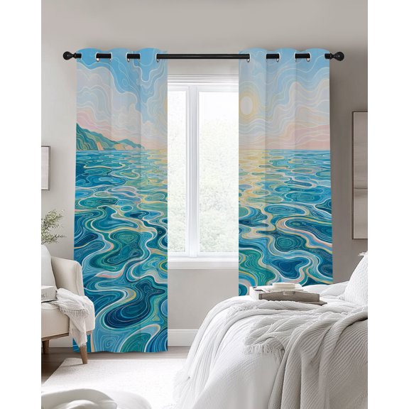 Teal Rolling Ocean Waves Blackout Curtains 2 Panels, Coastal Gold Glowing Sun Marine Landscape Thermal Insulated Grommet Window Curtains for Bedroom Living Room 42"x45"