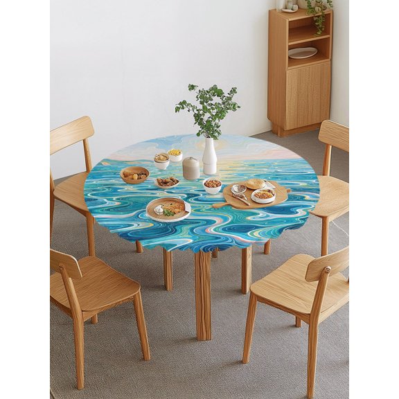 Teal Rolling Ocean Waves Round Fitted Tablecloth with Elastic Edge, Coastal Gold Glowing Sun Marine Landscape Waterproof Stretch Table Covers for 45"-54" Tables Wipeable Table Cloth for Outdoor