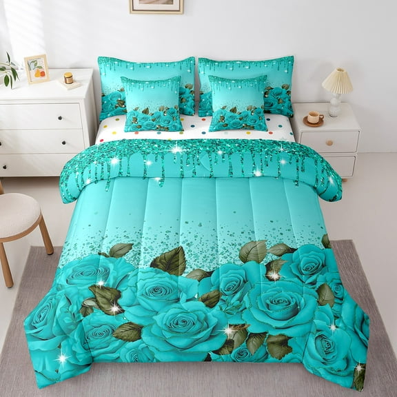 Teal Rose 7 Piece Comforter Set Full Bed in a Bag,Diamond Crystal Fluid Art Sheet Set with Comforter,Abstract Ombre Bedding Set Romantic Garden Flowers Bed Set Boho Floral Bohemian Decor