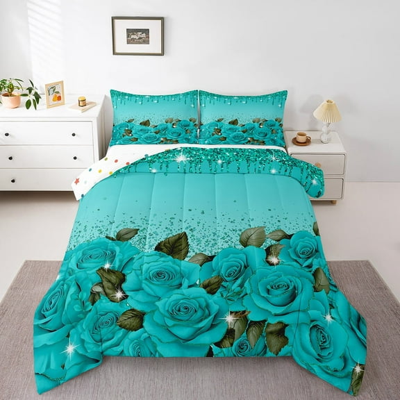 Teal Rose Comforter Set Diamond Crystal Fluid Art Bed Set,Abstract Ombre Bedding Sets Full,Romantic Garden Flowers Quilt Set Boho Floral Bohemian Decor