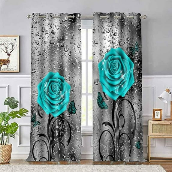 Teal Rose Curtain, Turquoise Floral Raindrops Art Window Drapes, Blackout Thermal Insulated Curtains For Living Room Bedroom Decor 53"W x 96"L (Pack of 2)