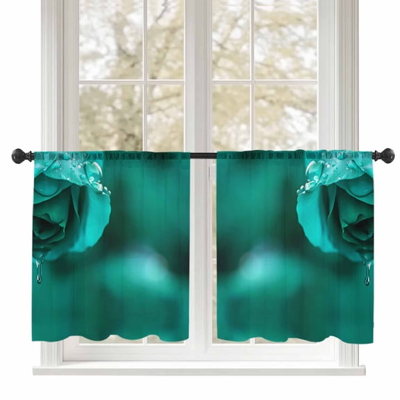 Teal Rose with Drops Sheer Curtains 45 inches Long, Abstract Art Nature Fantasy Light Filtering Sheer Window Curtains Rod Pocket Voile Drapes for Bedroom Living Room, 52"W x 45"L 2 Panels