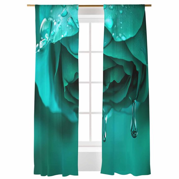 Teal Rose with Drops Sheer Curtains 84 inches Long, Abstract Art Nature Fantasy Light Filtering Sheer Window Curtains Rod Pocket Voile Drapes for Bedroom Living Room, 52"W x 84"L 2 Panels