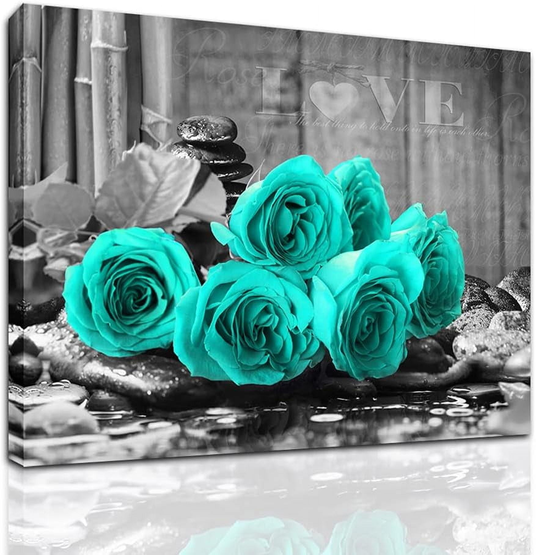 Teal Rose Flower Picture Decor Wall Art Canvas Print Black and White ...