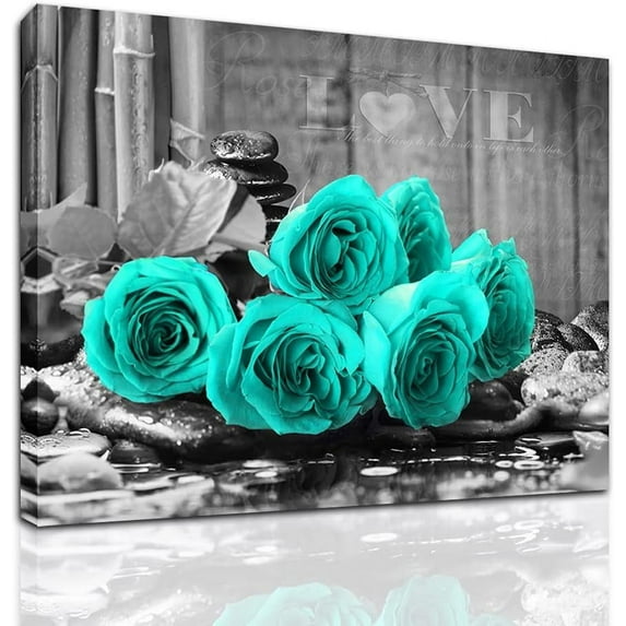 Teal Rose Flower Picture Decor Wall Art Canvas Print Black and White Poster Country Love Decoration Bedroom Kitchen Bathroom12x15