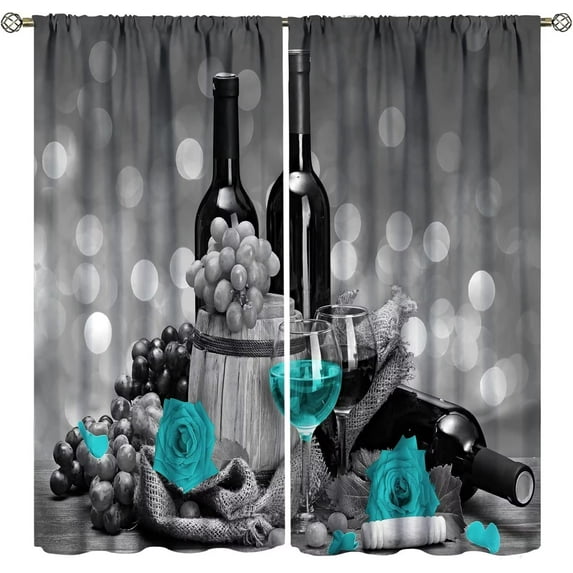 Teal Rose Kitchen Curtains Turquoise Wine Floral Grapes Theme Valentine Romantic Vintage Style Art Printed Blackout Rod Pocket Curtains Bedroom Living Room Window Drapes 2 Panels 84x84in