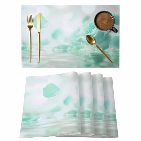 Teal Rose Placemats Set of 1, Floral Reflection Non-Slip Place Mats Washable Table Mats for Kitchen Dining Table Decorations Indoor/Outdoor