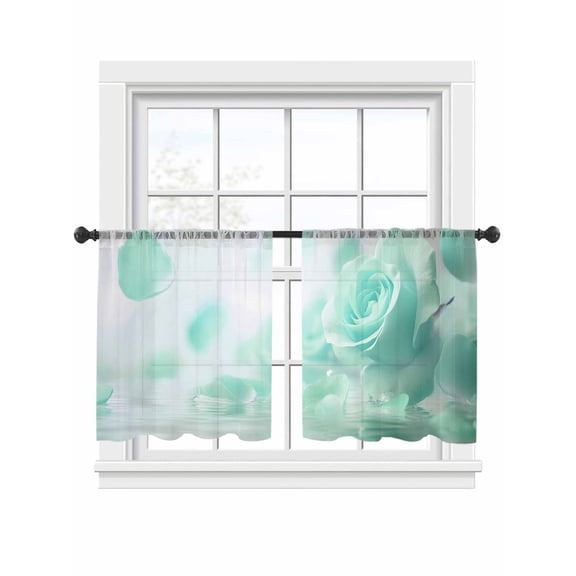 Teal Rose Sheer Curtains 2 Panels Set Floral Reflection Sheer Window Curtains Light Filtering Rod Pocket Voile Drapes for Bedroom Living Room 52"x45"