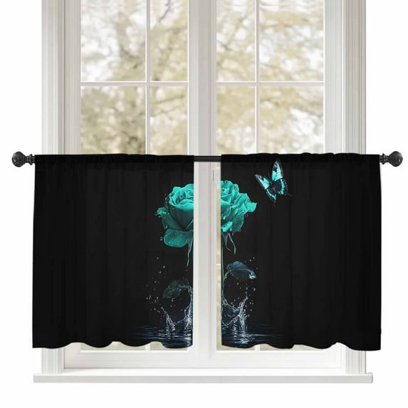Teal Rose Sheer Curtains 54 inches Long, Butterfly Splash Water Nature Dreamy Light Filtering Sheer Window Curtains Rod Pocket Voile Drapes for Bedroom Living Room, 52"W x 54"L 2 Panels