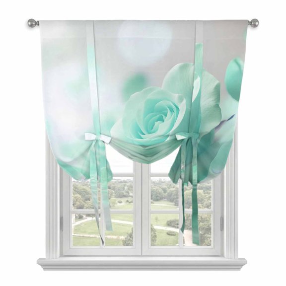 Teal Rose Tie Up Curtain for Window, Floral Reflection Adjustable Tie Up Balloon Curtain Valances Rod Pocket Window Treatment for Kitchen Bathroom Bedroom 42"x45"