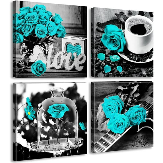 Teal Rose Wall Art Bedroom Decor Canvas Print Turquoise Flowers Pictures for Living Room Kitchen Accessories Artwork Framed 12" W x 12" H 4 Pieces
