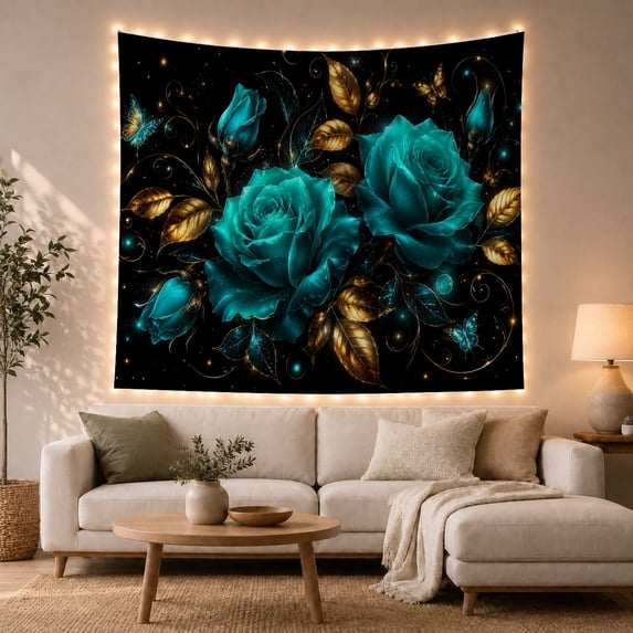 Teal Roses with Gold Vines Against a Black Background, Romantic Fantasy for Flower Lovers, Ornate Botanical Wall Decor, Valentine's Day Gift, Tapestry Wall Hanging for Bedroom and Living Room