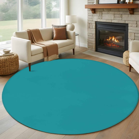 Teal Round Area Rug 5Ft, Non Slip Circle Area Rugs for Living Room, Turquoise Pure Teal Washable Low Pile Indoor Floor Carpet Door Mat for Bedroom Kitchen Office Nursery