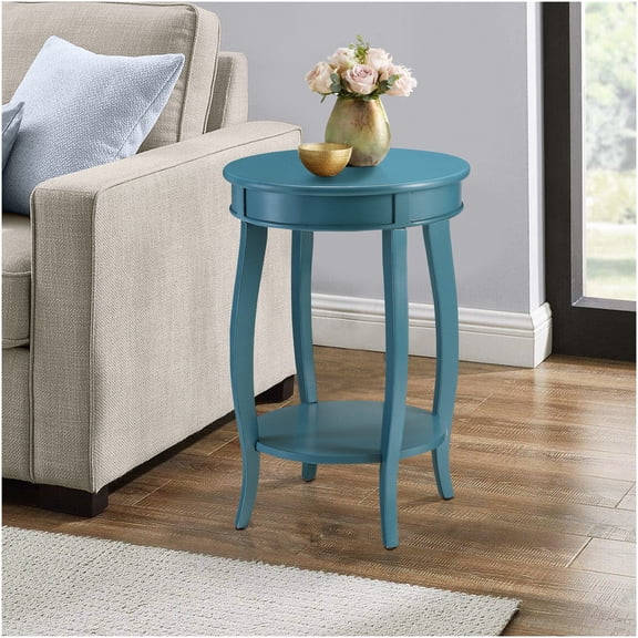 Teal Round End Table with Lower Storage Shelf, Wood Accent Table for Living Room, Bedroom, or Office