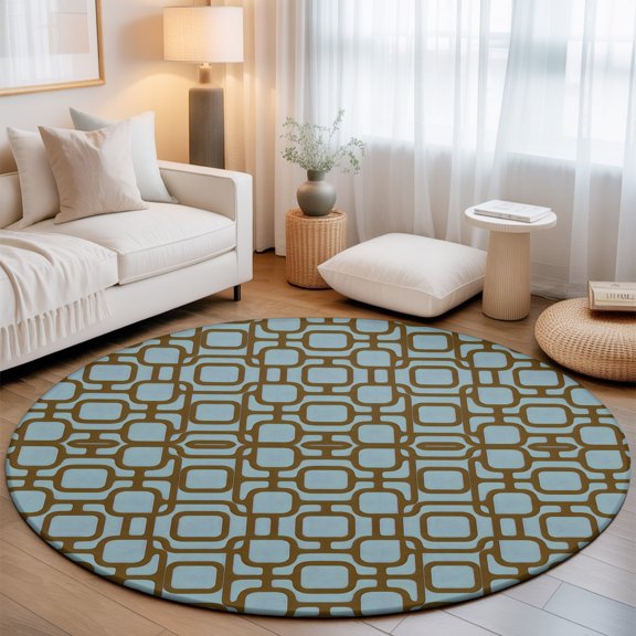 Teal Rounded Squares Round Rug 3.3Ft Vintage Minimalist Abstract Art Symmetric Plaid Samll Area Rugs Washable Non Slip Indoor Floor Mats Circle Carpet for Living Room Bedroom Dining Room Home Decor