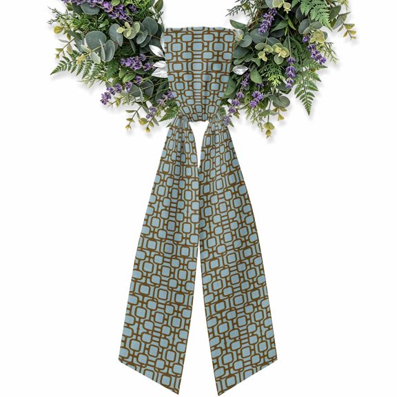 Teal Rounded Squares Wreath Sash for Front Door, Vintage Minimalist Abstract Art Symmetric Plaid Satin Wreath Ribbon Bow Accessory Garland Home Decor for Doorway Porch Yard 4.5x56