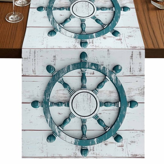 Teal Rudder Coastal 36 Inch Table Runner, Nautical Summer Beach Ocean Farmhouse Dresser Scarf Cotton & Linen Tablerunner for Dining/Kitchen Island/Holiday Party Décor Small 13" x 36"