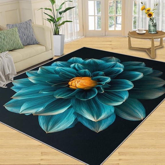 Teal Rugs for Living Room, Dahlias Rug, Modern Florals Washable Rugs for Bedroom, Low Pile & Non Slip, Indoor Carpet, Area Rug & Home Decor 3 x 4ft