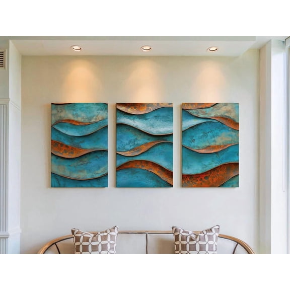 Teal Rust Copper Seascape Prints Set Of 3, Modern Abstract Wave Wall Art