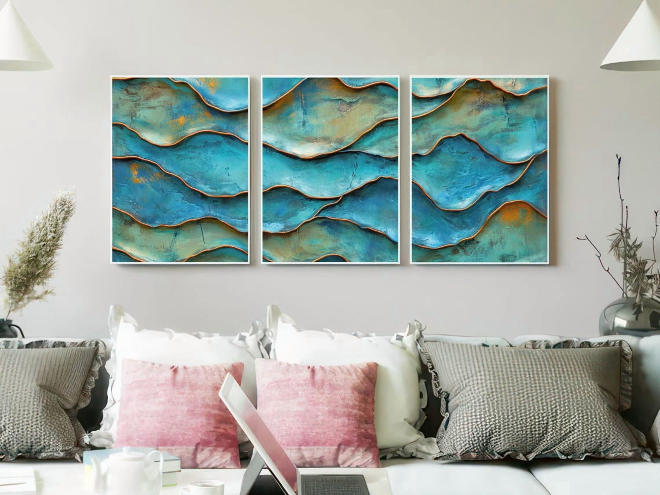 Teal Rust Copper Wave Prints Set Of 3, Deep Turquoise Patina Wall Art ...