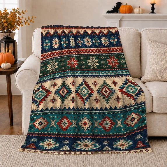 Teal Rust Southwestern Diamonds with Stripe Bands, Bold Rustic Geometric Pattern for Desert Style Fans, Housewarming Gift, Soft Flannel Blanket for Ranch House and Cabin, Rustic Home Decor