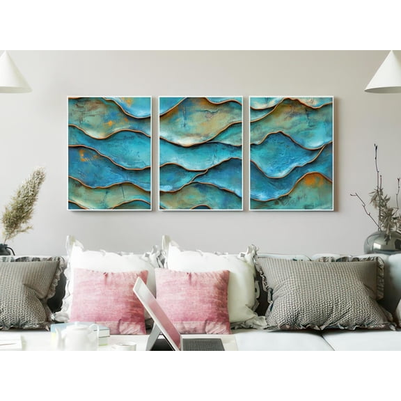 Teal Rust Wall Art Print Set Of 3, Oxidized Copper Wave Deep Turquoise Decor