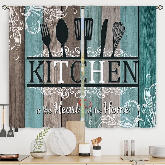 Teal Rustic Farmhouse Country Kitchen Curtains Short Small Wooden Wood Board Turquoise Rod Pocket Fork Spoon Kitchenware Bedroom Living Room Treatment Fabric 2 Panels 27.5Wx39H Inch