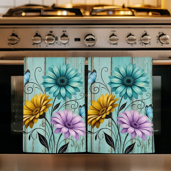 Teal Rustic Farmhouse Kitchen Towels Set of 4, Country Turquoise Floral Daisy Absorbent Dish Towels for Kitchen, Microfiber Hand Towel, Quick Drying Tea Towel for Cleaning Decorative Dishcloths