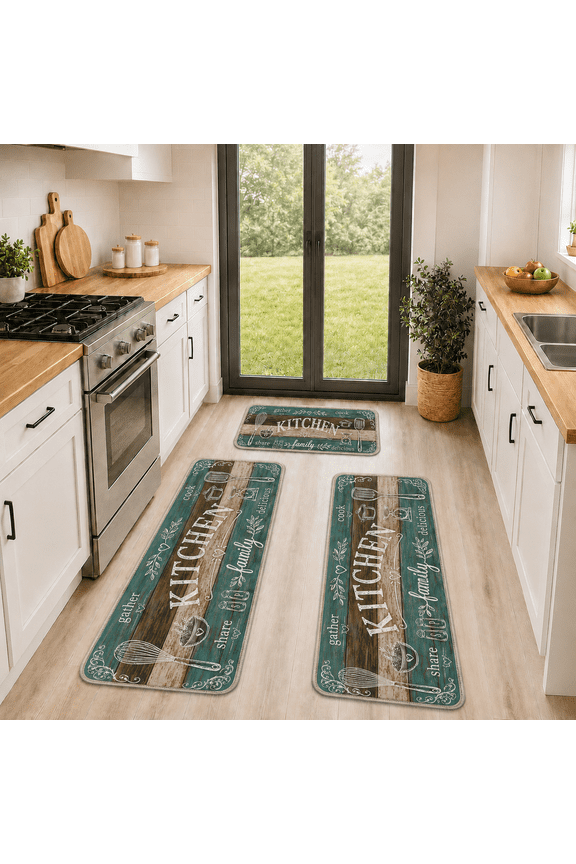Teal Rustic Kitchen Runner Rug Three Piece Non Slip Cushioned Comfort Floor Mats Brown Wood Utensil Lettering Graphic Washable Indoor Standing Carpet Tapete 16" x 24"