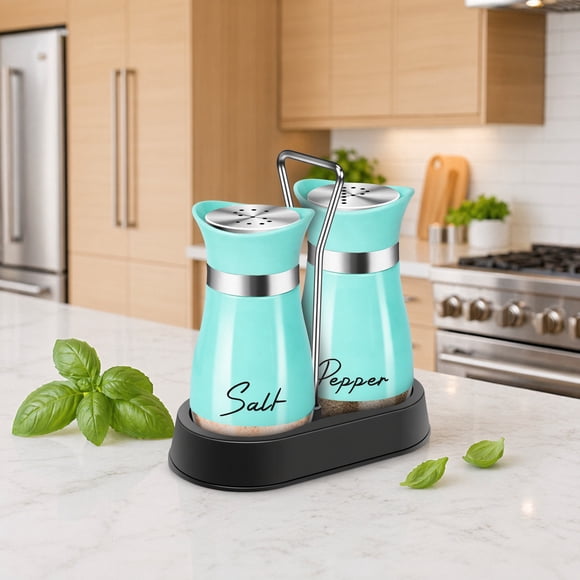 Teal Salt and Pepper Shakers Set with Holder,4 oz Turquoise Kitchen Decor and Accessories Farmhouse Gadgets Table Housewarming Gift Christmas Decor Refillable Design (Teal)